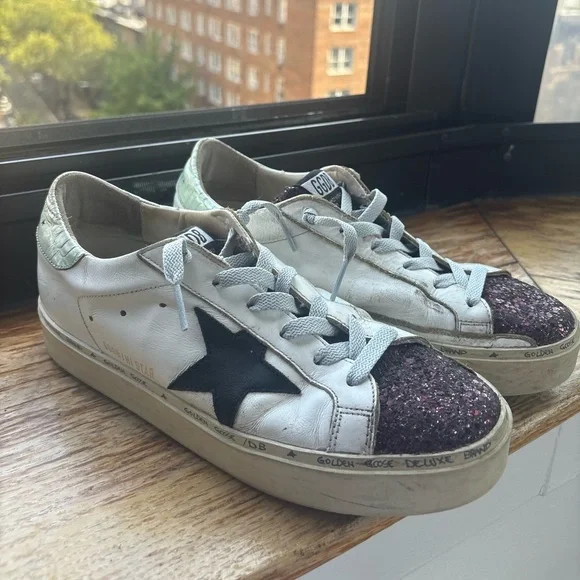 Golden Goose Hi Star White Leather Sneakers with Purple Glitter and Black Star - Picture 3 of 15